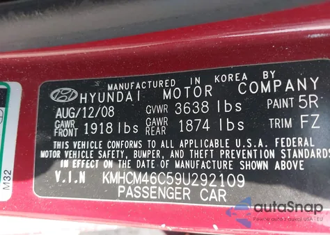 2009 Hyundai Accent Gls z USA, uszkodzony, nr VIN KMHCM46C59U292109